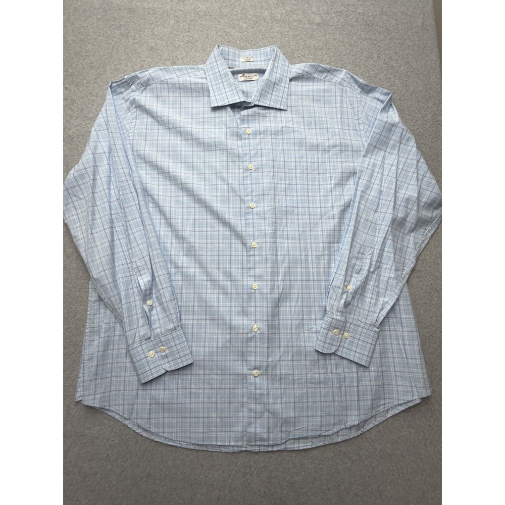 Peter Millar Mens 2XL Blue Plaid Crown Finish Cotton Long Sleeve Dress Shirt
